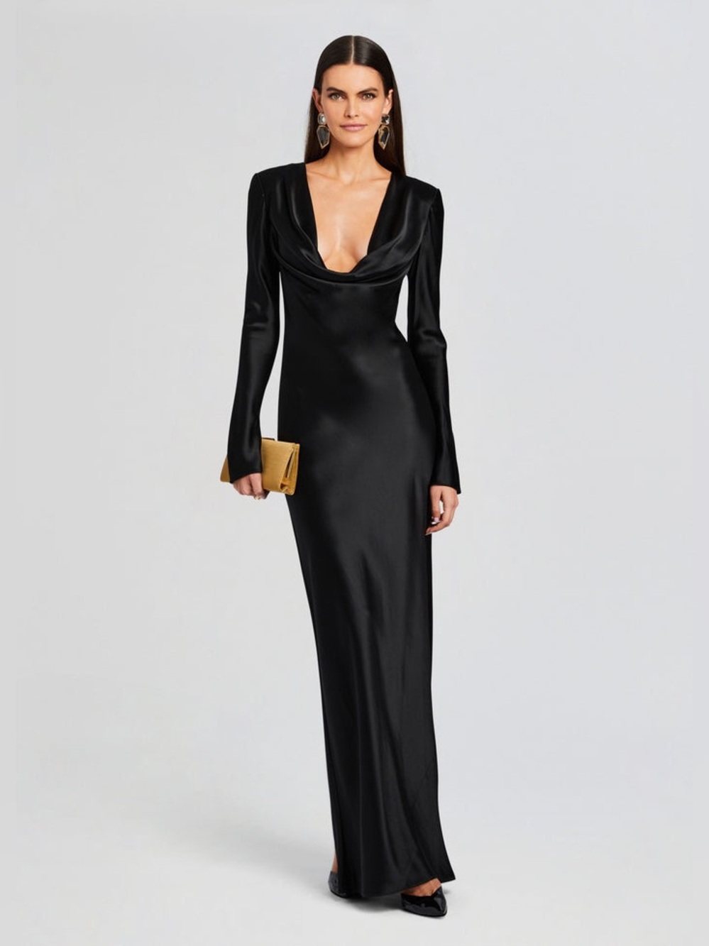 SANS FAFF Anna Cowl Evening Dress Black Satin Long Sleeve Gown Size Medium